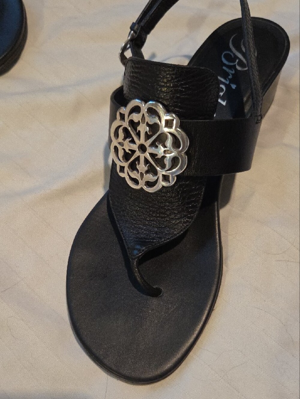 Brighton Black Sandal with Silver Medallion Accent Sz9
